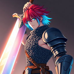 A striking human fighter brandishing a colossal buster sword, featuring short hair that is an explosive blend of fire red and ice blue