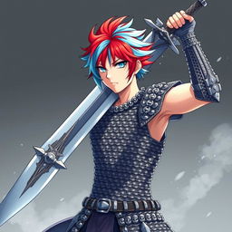 A striking human fighter brandishing a colossal buster sword, featuring short hair that is an explosive blend of fire red and ice blue