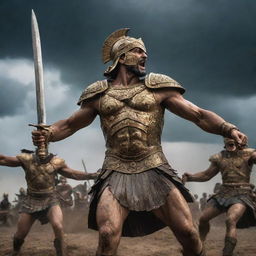 A dramatic scene from the Epic of Gilgamesh, depicting a fierce battle. Warriors clad in ancient armour, wielding weapons clash under a stormy sky. Gilgamesh, the heroic figure, stands in the battlefield, displaying his formidable strength.