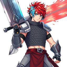 A striking human fighter brandishing a colossal buster sword, featuring short hair that is an explosive blend of fire red and ice blue