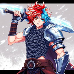 A striking human fighter brandishing a colossal buster sword, featuring short hair that is an explosive blend of fire red and ice blue