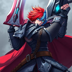 A formidable human fighter wielding a gigantic buster sword, featuring striking short hair in a vibrant mix of fire red and ice blue