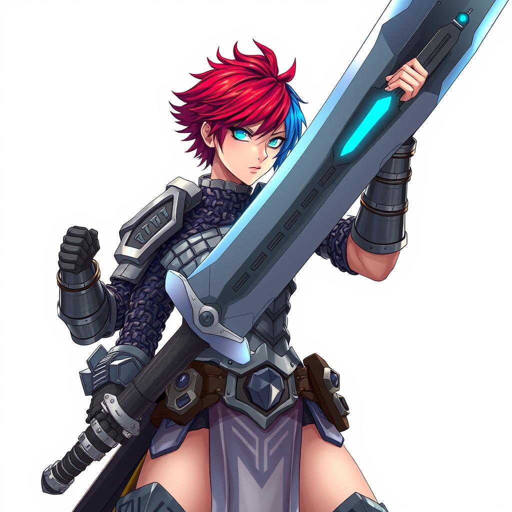 A formidable human fighter wielding a gigantic buster sword, featuring striking short hair in a vibrant mix of fire red and ice blue