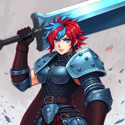 A formidable human fighter wielding a gigantic buster sword, featuring striking short hair in a vibrant mix of fire red and ice blue