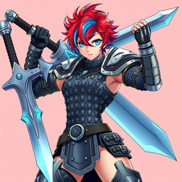 A formidable human fighter wielding a gigantic buster sword, featuring striking short hair in a vibrant mix of fire red and ice blue