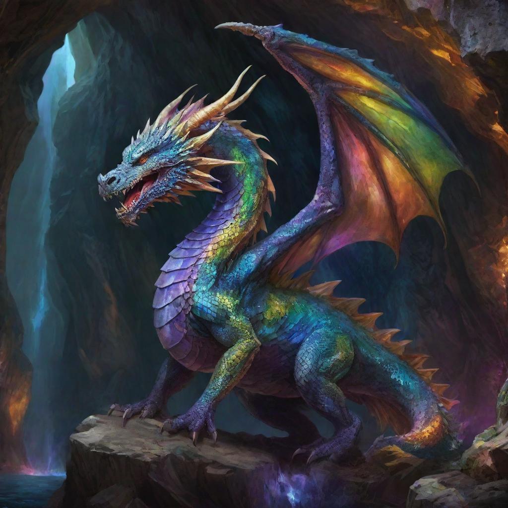 A magnificent dragon, its scales shimmering with a complex swirl of colors, sadly chained in a majestic cavern full of stalactites and stalagmites.