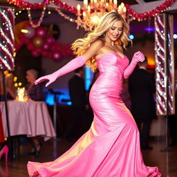 A stunning blonde and busty prom queen wearing elegant pink elbow-length gloves and a beautiful pink strapless prom gown, complemented by matching pink nylons and stylish pink high heels