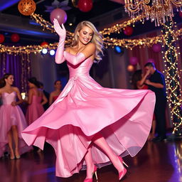 A stunning blonde and busty prom queen wearing elegant pink elbow-length gloves and a beautiful pink strapless prom gown, complemented by matching pink nylons and stylish pink high heels