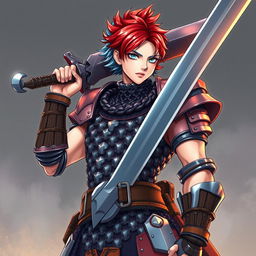 An imposing human fighter equipped with an enormous buster sword, featuring striking short hair that combines fire red and ice blue shades