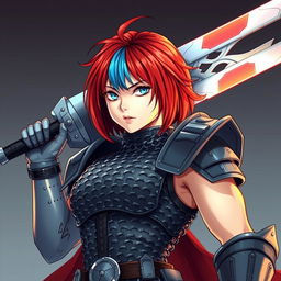 An imposing human fighter equipped with an enormous buster sword, featuring striking short hair that combines fire red and ice blue shades