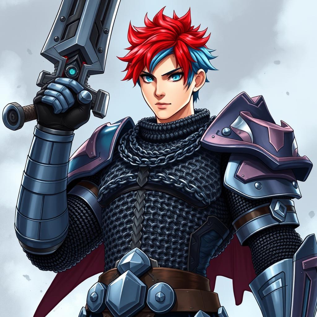 An imposing human fighter equipped with an enormous buster sword, featuring striking short hair that combines fire red and ice blue shades