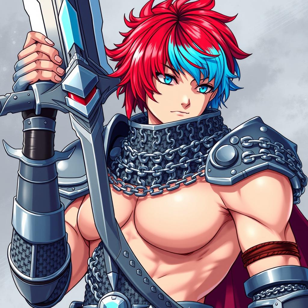 An imposing human fighter equipped with an enormous buster sword, featuring striking short hair that combines fire red and ice blue shades