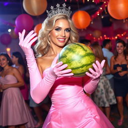 A stunning blonde and busty prom queen wearing elegant pink elbow-length gloves, a beautiful pink strapless prom gown, and a sparkling crown