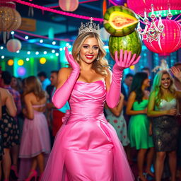 A stunning blonde and busty prom queen wearing elegant pink elbow-length gloves, a beautiful pink strapless prom gown, and a sparkling crown