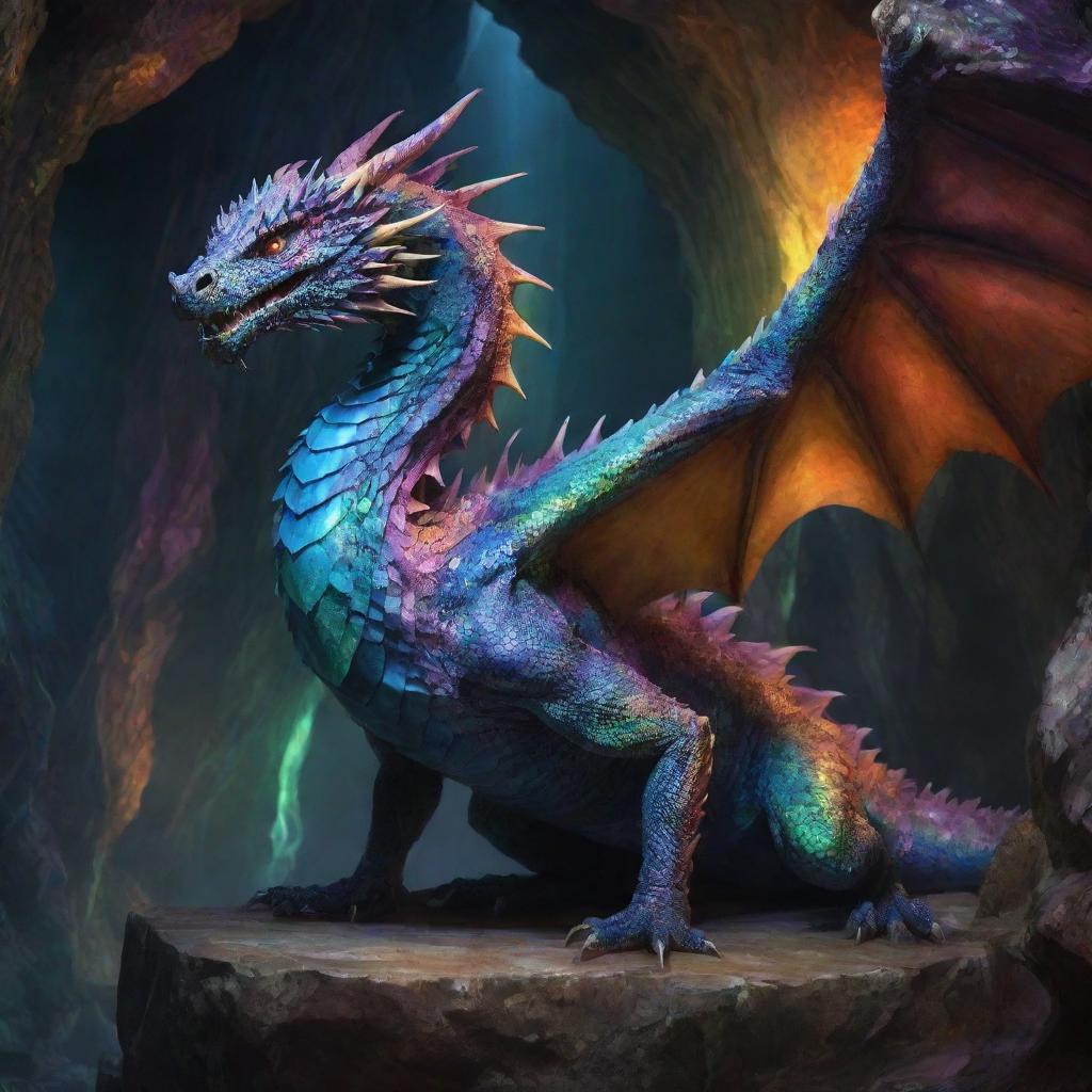 A magnificent dragon, its scales shimmering with a complex swirl of colors, sadly chained in a majestic cavern full of stalactites and stalagmites.