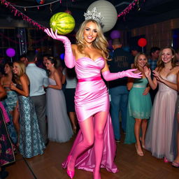 A stunning blonde and busty prom queen wearing elegant pink elbow-length gloves, a beautiful pink strapless prom gown, and a sparkling crown