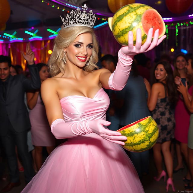 A stunning blonde and busty prom queen wearing elegant pink elbow-length gloves, a beautiful pink strapless prom gown, and a sparkling crown