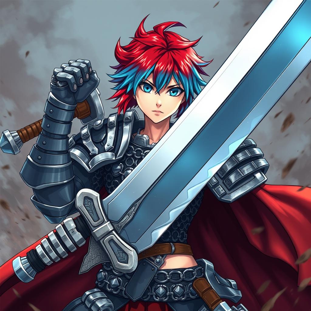 A powerful human fighter wielding an enormous buster sword, with striking short hair that transitions from fire red to ice blue