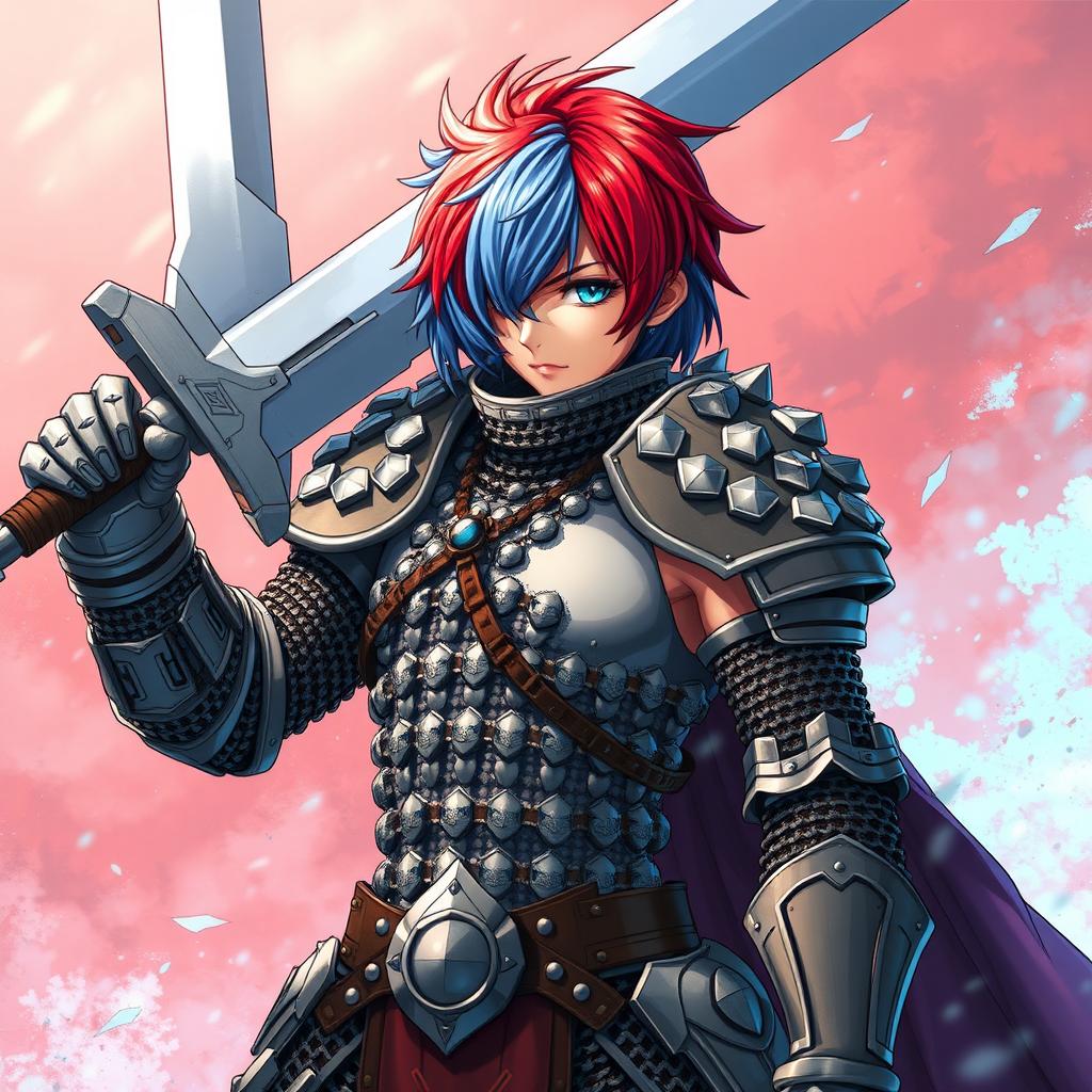 A powerful human fighter wielding an enormous buster sword, with striking short hair that transitions from fire red to ice blue