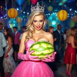 A striking blonde and busty prom queen wearing elegant pink elbow-length gloves, a beautiful pink strapless prom gown, and a sparkling crown