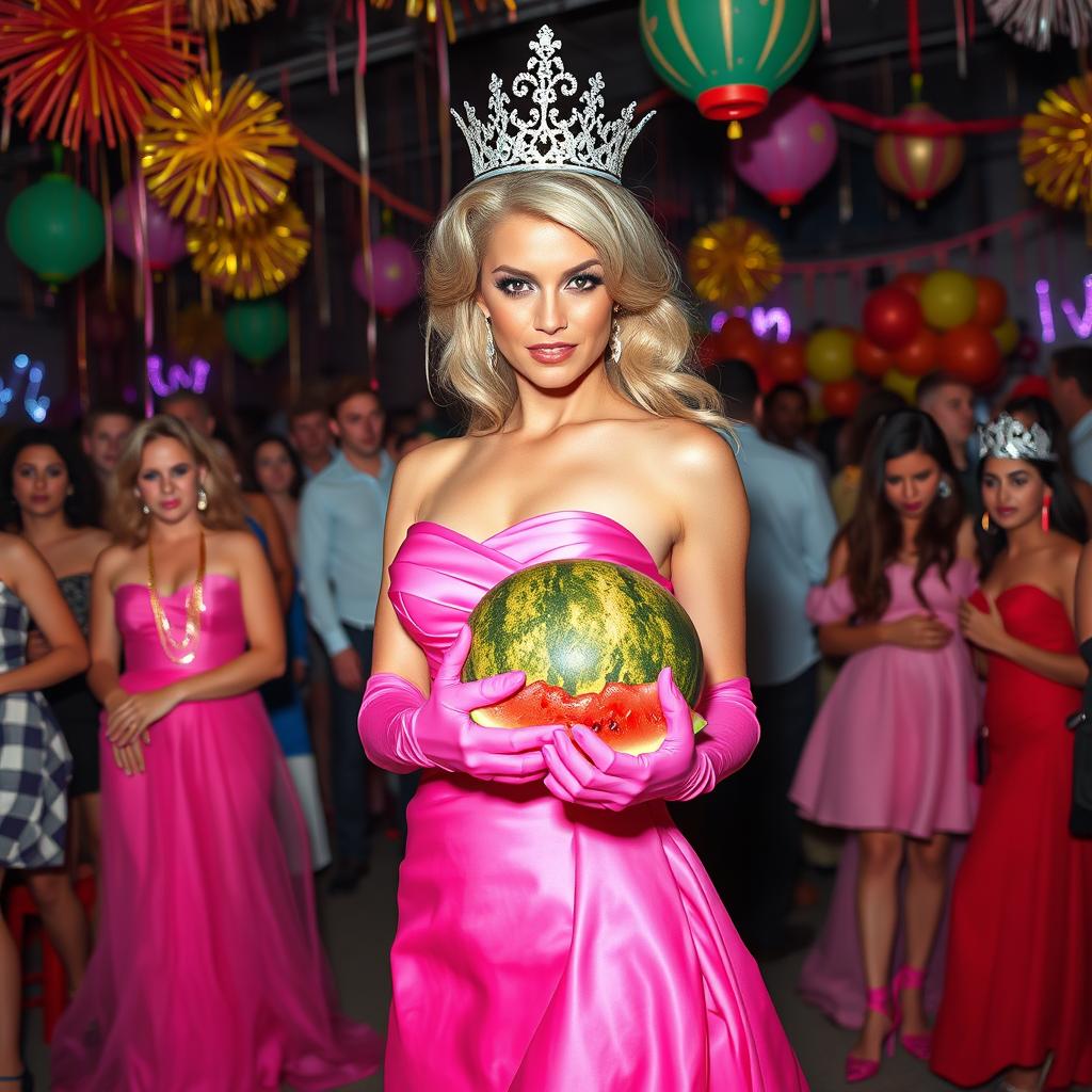 A striking blonde and busty prom queen wearing elegant pink elbow-length gloves, a beautiful pink strapless prom gown, and a sparkling crown