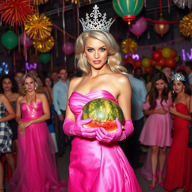 A striking blonde and busty prom queen wearing elegant pink elbow-length gloves, a beautiful pink strapless prom gown, and a sparkling crown