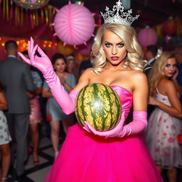 A striking blonde and busty prom queen wearing elegant pink elbow-length gloves, a beautiful pink strapless prom gown, and a sparkling crown