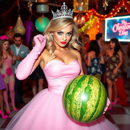 A striking blonde and busty prom queen wearing elegant pink elbow-length gloves, a beautiful pink strapless prom gown, and a sparkling crown