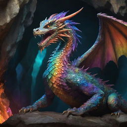 A magnificent dragon, its scales shimmering with a complex swirl of colors, sadly chained in a majestic cavern full of stalactites and stalagmites.