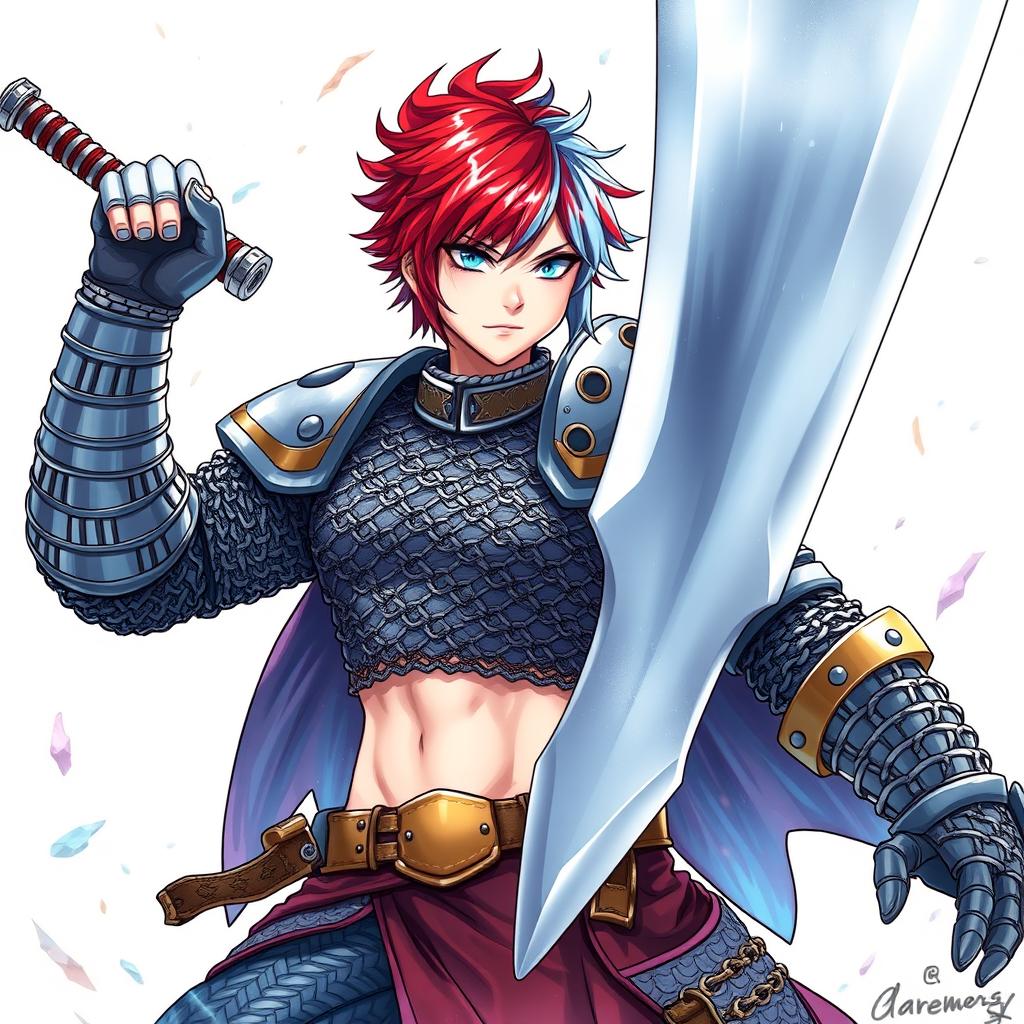 A powerful human fighter holding an enormous buster sword, characterized by short hair that transitions between fiery red and icy blue