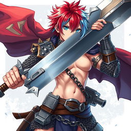 A powerful human fighter holding an enormous buster sword, characterized by short hair that transitions between fiery red and icy blue