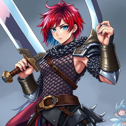 A powerful human fighter holding an enormous buster sword, characterized by short hair that transitions between fiery red and icy blue