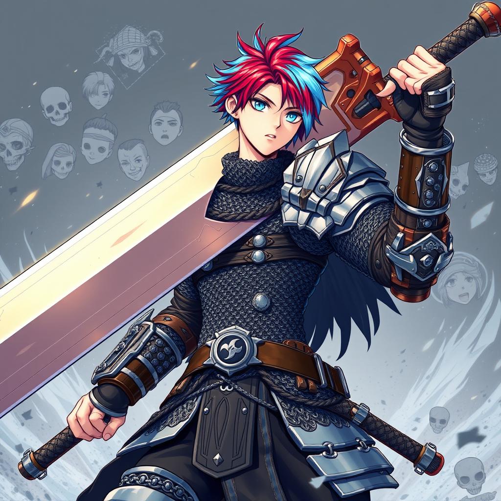 A powerful human fighter holding an enormous buster sword, characterized by short hair that transitions between fiery red and icy blue