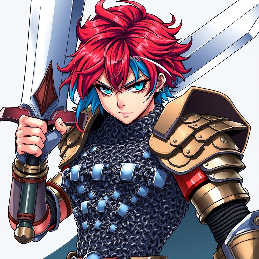 A formidable human fighter brandishing an enormous buster sword, with striking short hair that flows in fiery red and icy blue