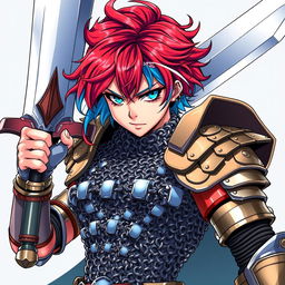 A formidable human fighter brandishing an enormous buster sword, with striking short hair that flows in fiery red and icy blue