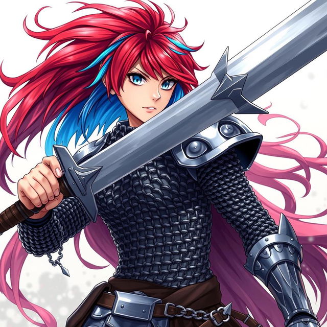 A formidable human fighter brandishing an enormous buster sword, with striking short hair that flows in fiery red and icy blue