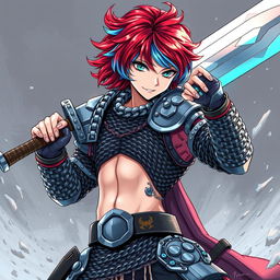 A formidable human fighter brandishing an enormous buster sword, with striking short hair that flows in fiery red and icy blue