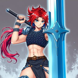 A formidable human fighter brandishing an enormous buster sword, with striking short hair that flows in fiery red and icy blue