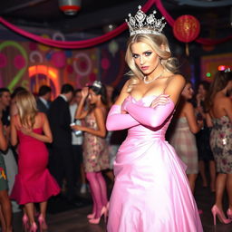 A striking blonde and busty prom queen wearing elegant pink elbow-length gloves, a beautiful pink strapless prom gown, and a sparkling crown