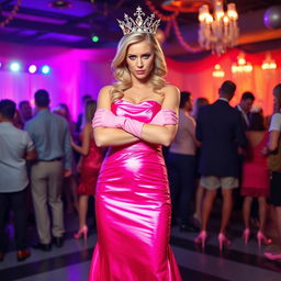 A striking blonde and busty prom queen wearing elegant pink elbow-length gloves, a beautiful pink strapless prom gown, and a sparkling crown