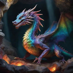 A magnificent dragon, its scales shimmering with a complex swirl of colors, sadly chained in a majestic cavern full of stalactites and stalagmites.