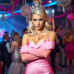 A striking blonde and busty prom queen wearing elegant pink elbow-length gloves, a beautiful pink strapless prom gown, and a sparkling crown