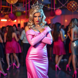 A striking blonde and busty prom queen wearing elegant pink elbow-length gloves, a beautiful pink strapless prom gown, and a sparkling crown