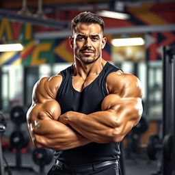 A muscular bodybuilder posing confidently in a fitted black vest that accentuates his sculpted arms and broad shoulders