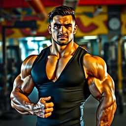 A muscular bodybuilder posing confidently in a fitted black vest that accentuates his sculpted arms and broad shoulders