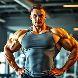 A powerful bodybuilder showcasing his impressive physique while wearing a tight-fitting gray tank top