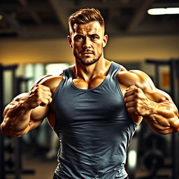 A powerful bodybuilder showcasing his impressive physique while wearing a tight-fitting gray tank top