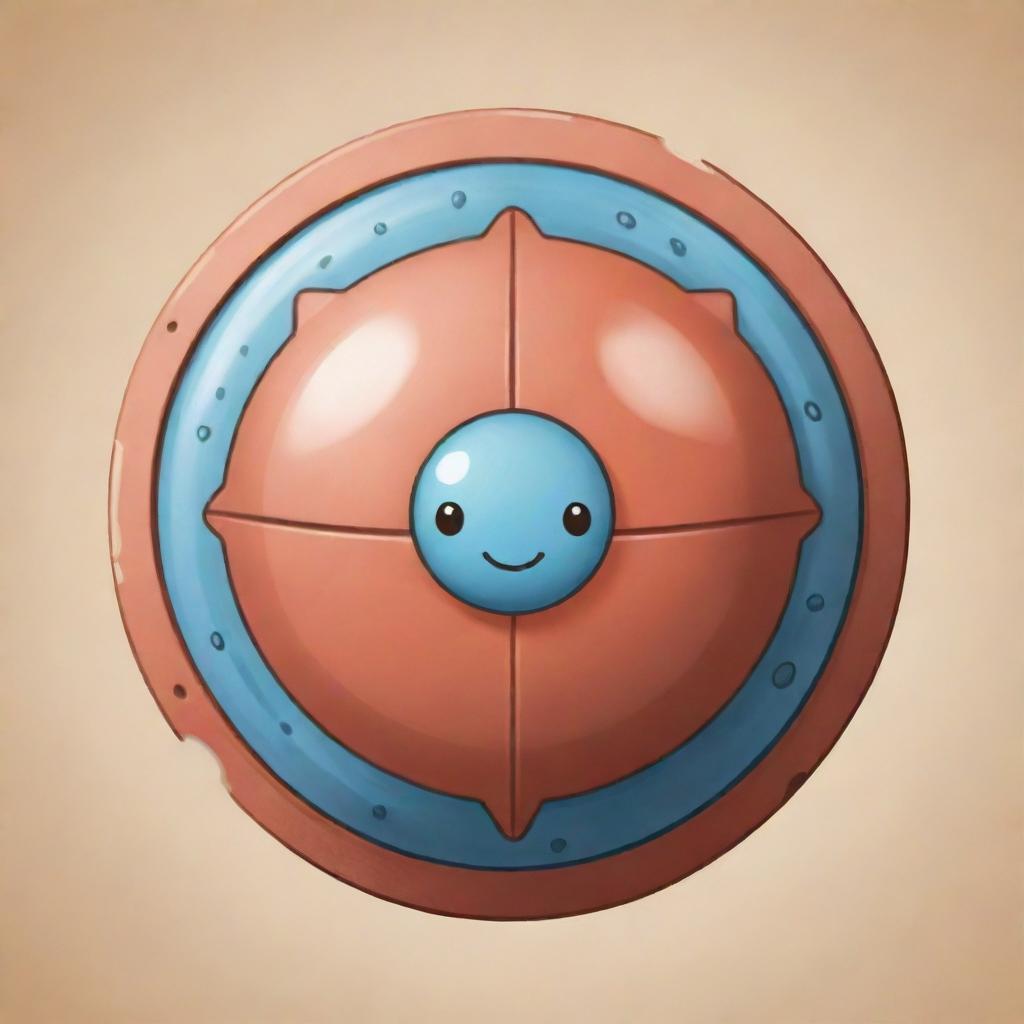 Create a cute, cartoon-style 'Coccal Shield' card, an 'upcell' type. Picture a delightful cell housed within a spherical shield, suggesting a strong defense against destruction. The shield, inspired by cocci bacteria, should appear resilient and protective.