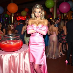 A striking blonde and busty prom queen wearing elegant pink elbow-length gloves, a beautiful pink strapless prom gown, and stylish pink nylons