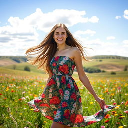 A beautiful young woman with long, flowing brown hair, wearing a vibrant floral summer dress, standing in a sunlit field filled with colorful wildflowers